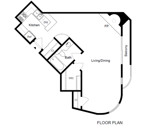 Floor plan for studio, 1 bath, 665 sqft